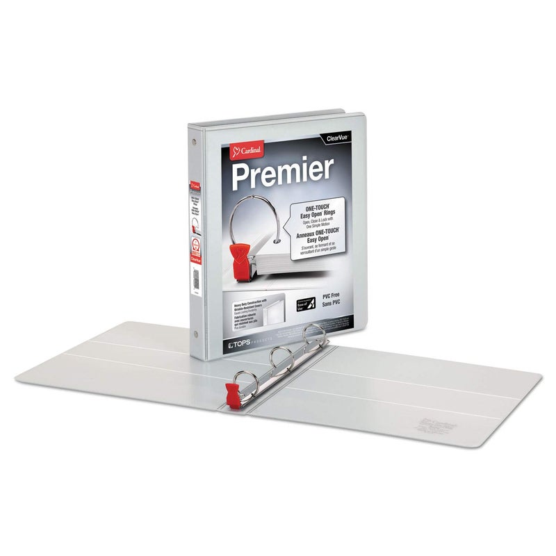 Cardinal 3 Ring Binder, 1 Inch Premier Easy Open Binder, ONE-TOUCH Locking Round Rings, 200-Sheet Capacity, ClearVue Cover, PVC-Free, White (11100) - Image 2